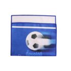 A close-up of a blue towel with a soccer ball design. The soccer ball appears to be in motion, creating a blurred effect. The towel has a white section folded over at the top.