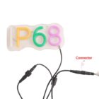 A sign displays the characters IP68 with IP in yellow, 6 in green, and 8 in purple. Black cables with connectors extend from the sign, with a label pointing to one of the connectors.