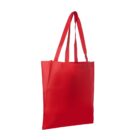 A plain red tote bag with two long handles. The bag is made of a smooth fabric and has a clean, minimalist design.