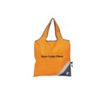 A bright orange reusable shopping bag with a single handle. It has a gray corner accent and the words Your Logo Here printed in black on the front.