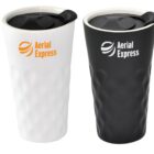 Two travel mugs with lids are shown. The left mug is white with an orange Aerial Express logo, while the right mug is black with a white Aerial Express logo. Both have a textured pattern.