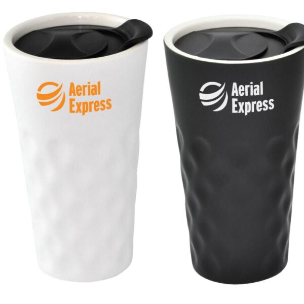 Two travel mugs with textured exteriors, one white with the Aerial Express logo in orange and one black with the same logo in white. Both have black lids and are shown side by side.