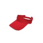 Red visor cap with adjustable strap on a white background.