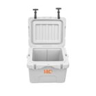 A white, open cooler box with an orange logo on the front. The lid is open, showing a spacious interior with dual compartments. It has two black clamp handles attached to the lid for secure closure.