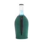 A bottle with a dark green zipper neoprene sleeve, revealing the neck and cap. The sleeve is designed to insulate the bottle, keeping the contents cold. The zipper runs vertically along the front of the sleeve.