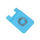 A blue silicone phone wallet with a silver metal ring attached to the back. The wallet is designed to hold cards and attaches to a phone for easy access.