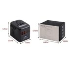 Travel adapter with four USB ports and packaging, displaying dimensions.