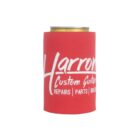 A can is wrapped in a red koozie with white text reading Harrom Custom Guitars and Repairs | Parts | Builds. Only the top part of the can is visible.