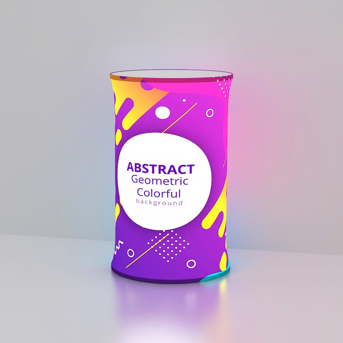 A vibrant cylindrical object with an abstract geometric design featuring purple, yellow, and blue shapes. It has the text ABSTRACT Geometric Colorful background on the front, placed on a reflective surface.