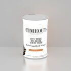A cylindrical display for Timeout Travel Agency with the message Its time to book your trip, the best opportunity to travel. It includes a Call Now button. The design is minimalistic with a white background and orange accents.