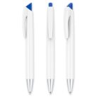 Three white ballpoint pens with blue click tops and silver tips are shown. The pens are arranged vertically, each viewed from a slightly different angle, highlighting their sleek, minimalist design.