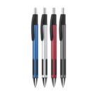 Four retractable ballpoint pens are arranged vertically side by side. The pens have barrels in blue, silver, red, and gray colors, each with a black clip and grip.