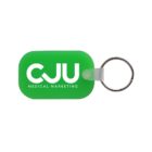 A rectangular green keychain with the text CJU Medical Marketing in white. It has a silver metal ring attached for holding keys.