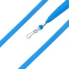 A blue lanyard with a metal hook clip. The fabric is shown in three views: straight on, side, and close-up of the clip. The background is white.