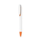 A white ballpoint pen with an orange tip and a large white clip, resting vertically against a plain white background.