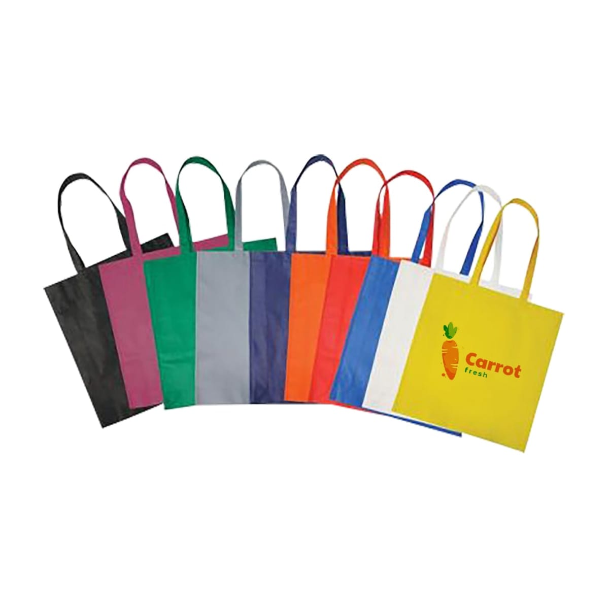 A collection of colorful tote bags arranged in a fan shape. The bags are in black, pink, green, gray, blue, orange, red, white, blue, and yellow. The yellow bag features a logo with a carrot and the text Carrot fresh.