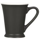 A black ceramic mug with a white interior and a curved handle, standing on a flat surface. The mug has a slightly flared rim and a smooth matte finish.