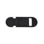 Close-up of a black plastic webcam cover with a sliding mechanism, featuring an oval shape at one end and a rectangular slider in the center. The cover is designed to protect privacy when using devices with cameras.
