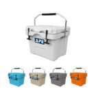 Image of five APE branded coolers in different colors: white, blue, beige, gray, and orange. They have a metal handle with a black grip and a rotating lid fastener.
