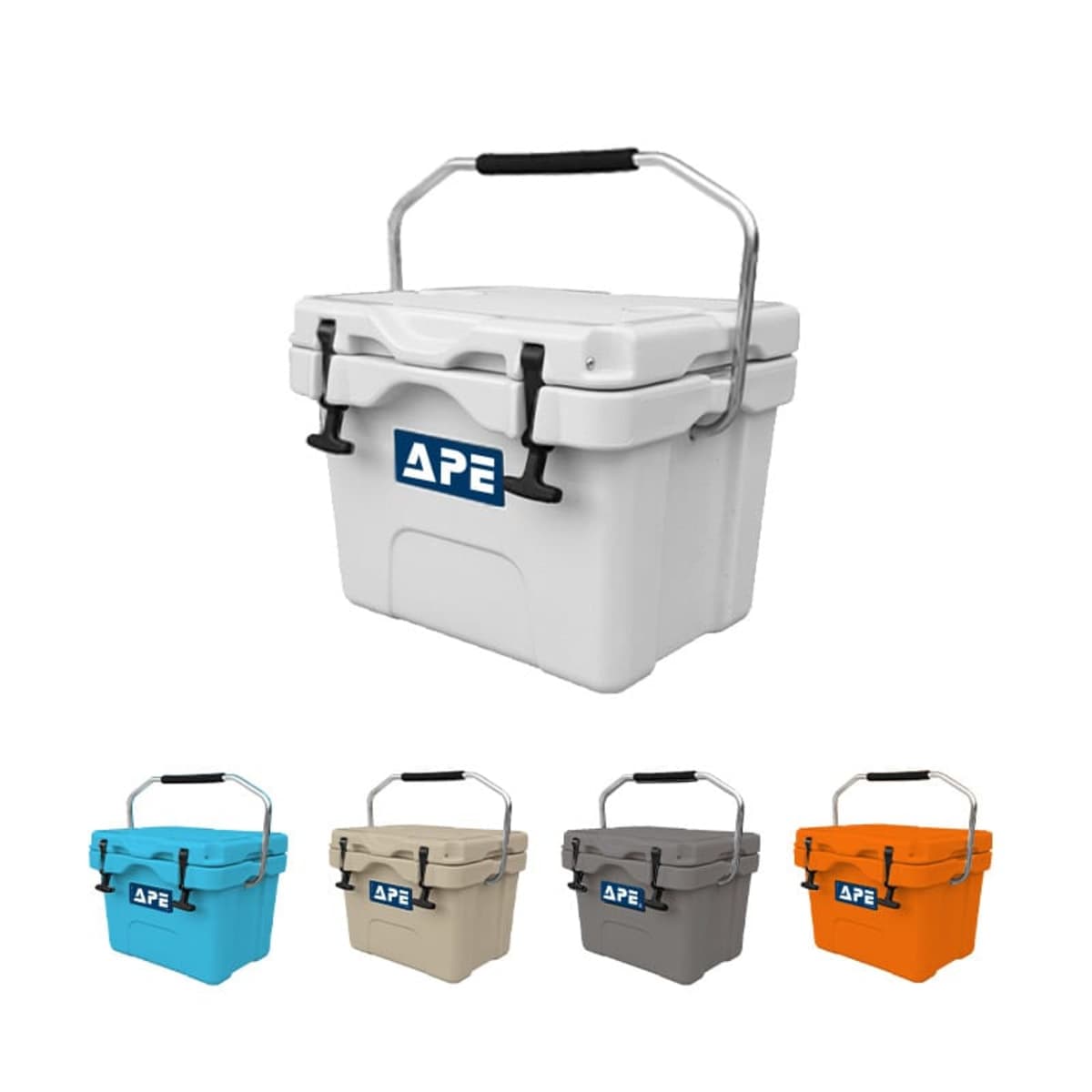 Image of five APE branded coolers in different colors: white, blue, beige, gray, and orange. They have a metal handle with a black grip and a rotating lid fastener.