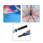 Three images showing details of a colorful umbrella: the inner fabric with geometric patterns, the bottom handle with a push button, and a close-up of the hand pulling the outer blue material.