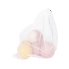 A mesh produce bag filled with several peaches of varying sizes and colors, ranging from yellow to pinkish-red. The bag is slightly open at the top and rests on a white background.