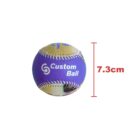 A custom baseball with purple and beige sections and white stitching. The words Custom Ball are printed in white on the purple section. A red vertical line indicates the balls diameter as 7.3 cm. The background is white.
