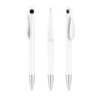 Three white ballpoint pens are shown from different angles: front, side, and back. Each pen has a sleek design with a metallic tip and a looped clip at the top. The pens are arranged against a plain white background.
