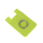 A green silicone phone card holder with a metal ring stand attached, designed to stick to the back of a phone. The holder has one pocket and a cutout at the top. The ring is positioned in the center of the holder.