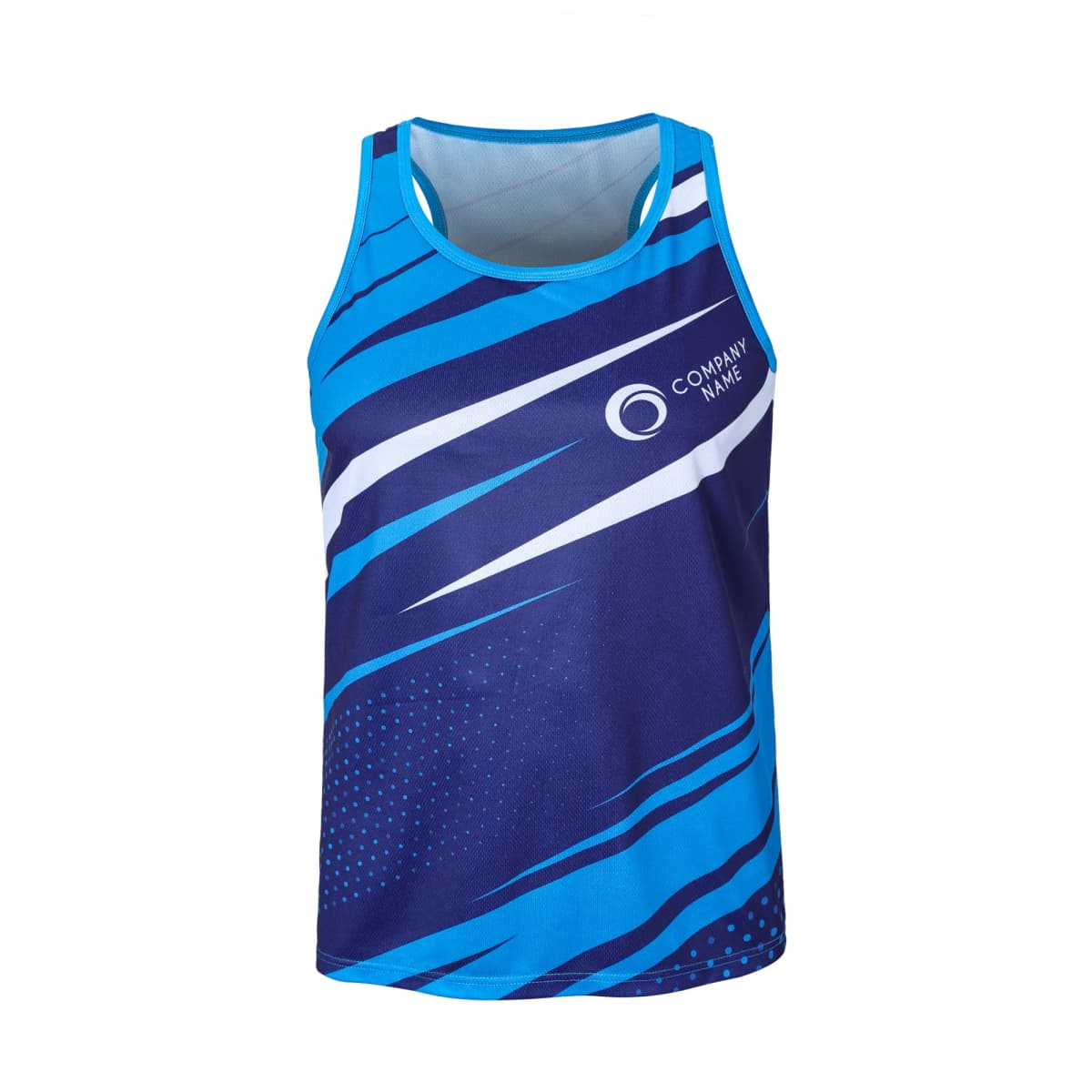 Blue and dark blue athletic tank top featuring dynamic diagonal stripes and a small white logo on the left chest area.