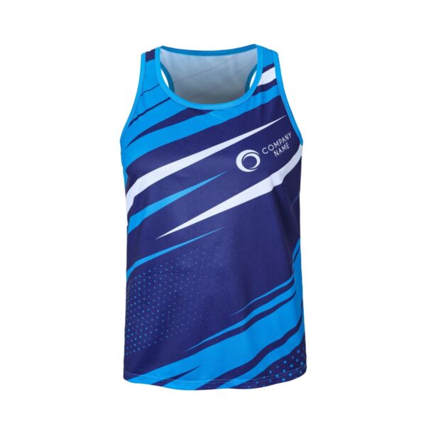 Blue athletic tank top with dynamic white and dark blue lines, featuring a small circular logo and text on the upper right side. The background pattern includes various shades of blue and abstract shapes.