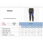 Size chart for mens sublimated cycling tights (PCC034). Style: Legging. Cutting: Tight. Chart includes waist and bottom measurements for sizes S to 4XL, both flat and stretched. Image shows tights with colorful patterns.