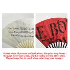 Two handheld fans shown side by side. The left fan is white with black text, mostly in French. The right fan is red with black text and some letters partially visible. A warning about double-side printing appears below.