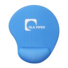 A blue gel wrist rest for a mouse pad featuring the white logo and text DLA Piper. The rest has a curved ergonomic shape designed to support the wrist during computer use.