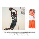 A basketball player wearing a black jersey is mid-air about to dunk the ball into a hoop. Beside him, a reversible basketball uniform set is displayed, featuring a white and orange design. Text below reads, Our reversible basketball teamwears are perfect for showing off your club and logos.