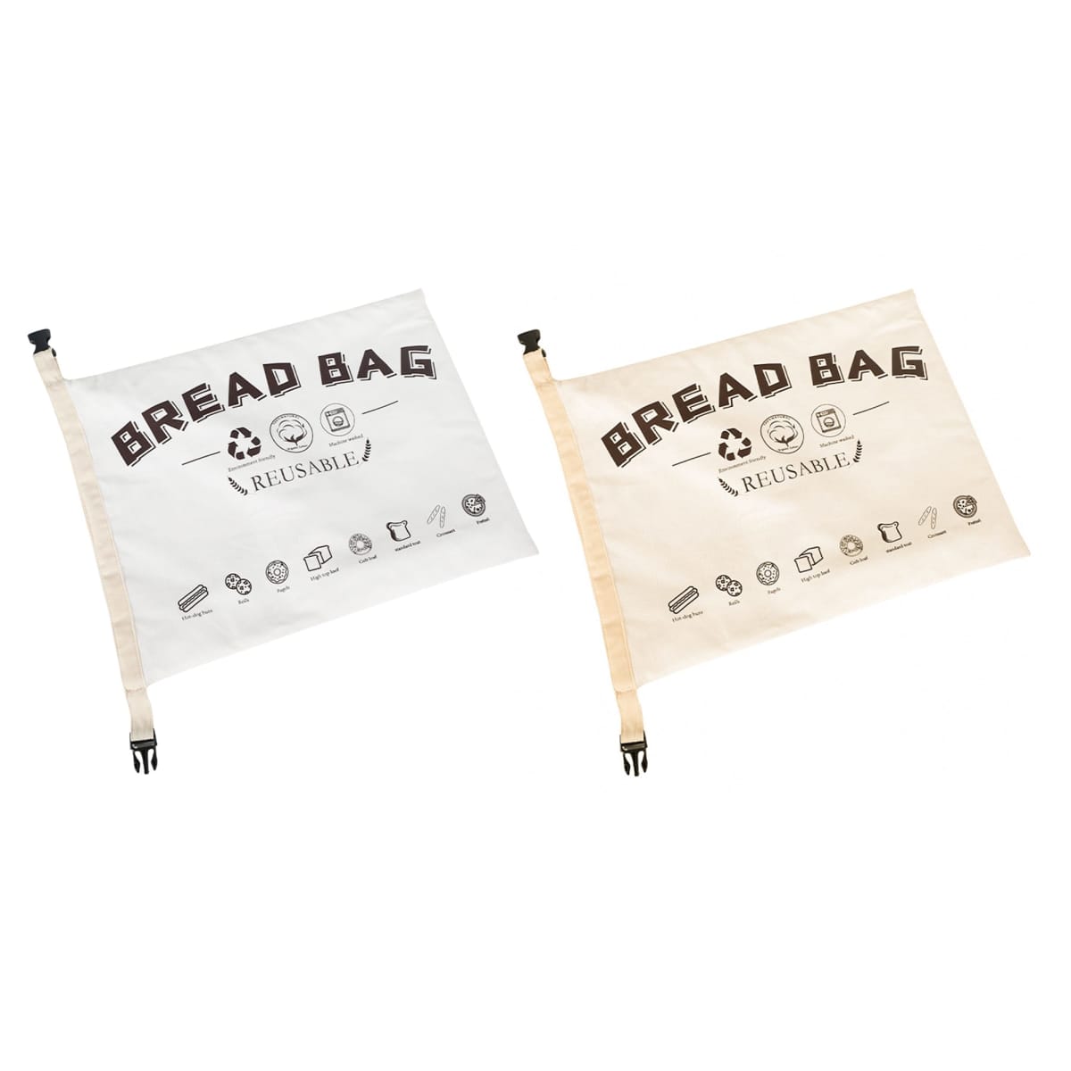Two reusable bread bags, one white and one beige, side by side. Each bag has BREAD BAG and REUSABLE printed on it, along with various eco-friendly icons. They have black clips for sealing.