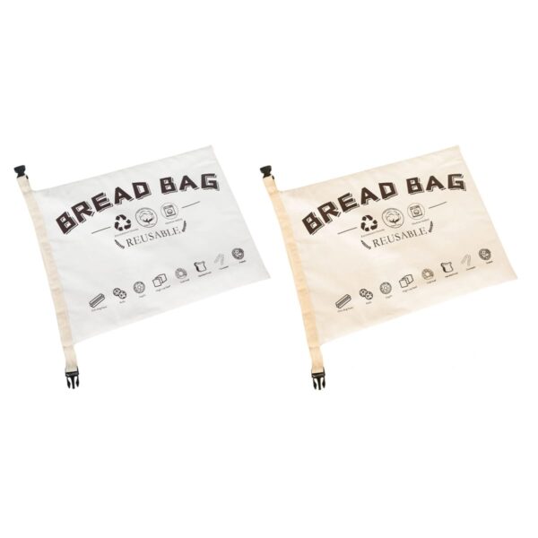 Two reusable bread bags with white backgrounds, featuring the text BREAD BAG and REUSABLE! They have illustrations of recycling symbols and food-related icons. Each bag has a black clip closure on the left side.