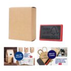 A brown cardboard box next to a red-framed rubber stamp that reads FORESTS FOR ALL FOREVER. Below, there are examples of brown paper packaging with customizable stickers and stamps, showcasing eco-friendly branding.