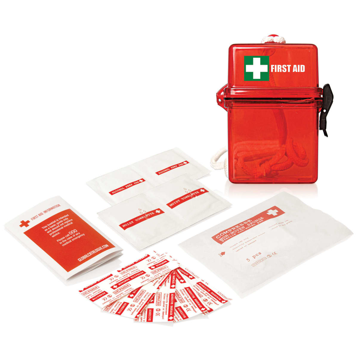 Red first aid kit box with a white cross labeled FIRST AID, accompanied by various medical supplies such as adhesive bandages, antiseptic wipes, and gauze pads, all with red and white packaging.