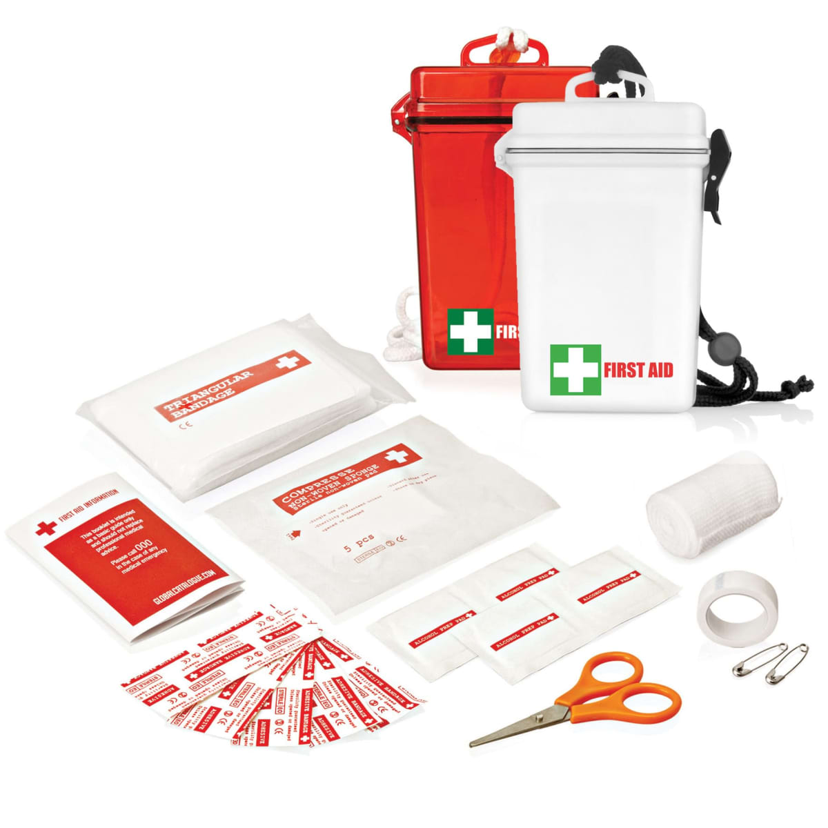First aid kit contents displayed, including a red and a white waterproof box, adhesive bandages, antiseptic wipes, gauze, adhesive tape, scissors, safety pins, and a bandage roll. The boxes have a white cross and FIRST AID text.