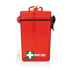 Red waterproof first aid box with a white cross and FIRST AID label. It has a secure black clasp and a white rope attached to the handle at the top.