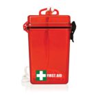 A red waterproof first aid kit with a white cross on a green background and the words FIRST AID in white. It has a black latch, a handle on top, and a white rope attached.