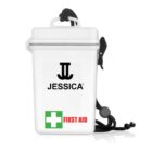White first aid box with a black rope, green cross, and the name Jessica printed on it.