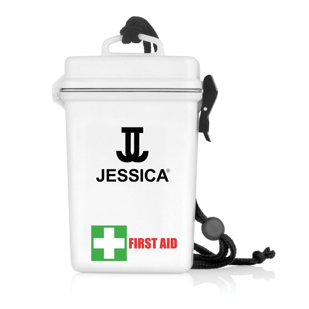 White first aid box with a black rope, green cross, and the name Jessica printed on it.