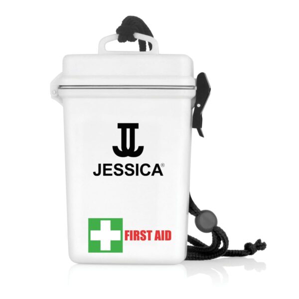 White first aid kit with a green cross, JESSICA logo, and a black carrying cord.