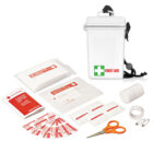 First aid kit with bandages, scissors, tape, wipes, and a white waterproof container.