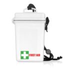 White plastic first aid box with a green cross and red text, and a black lanyard attached.