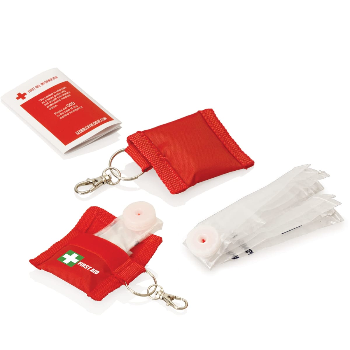 A red first aid pouch with a keychain, containing a CPR face shield with a one-way valve. Nearby is a folded instruction sheet. Another first aid pouch with a similar design is shown alongside the same items unpacked.