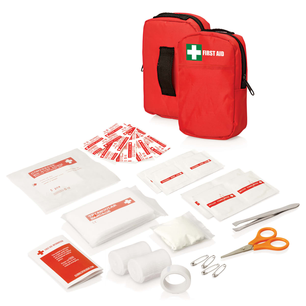 A red first aid kit with a white cross and FIRST AID text is open, showing its contents. Items include adhesive bandages, sterile gauze, alcohol wipes, medical tape, scissors, tweezers, safety pins, and a small booklet.