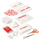 The image shows a variety of first aid kit items, including gauze pads, adhesive bandages, safety pins, scissors, medical tape, tweezers, and antiseptic wipes, all arranged neatly on a white background.